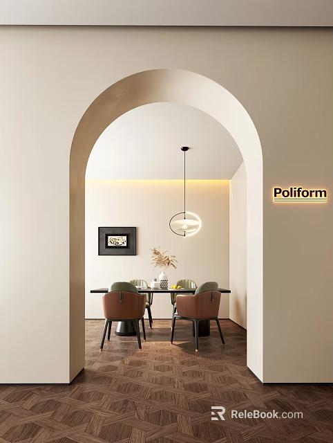 Elegant Restaurant Interior With Arched Entrance Dining Table Green Chairs And Pendant Light 3d model 