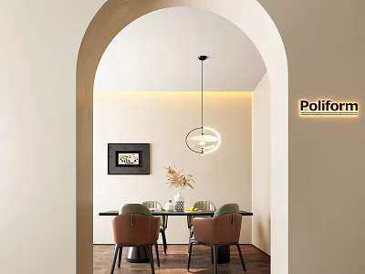 Elegant Restaurant Interior With Arched Entrance Dining Table Green Chairs And Pendant Light 3d model