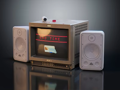 Vintage TV with White Speakers and Retro Screen Displaying Text Graphic 3d model