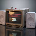 Vintage TV with White Speakers and Retro Screen Displaying Text Graphic