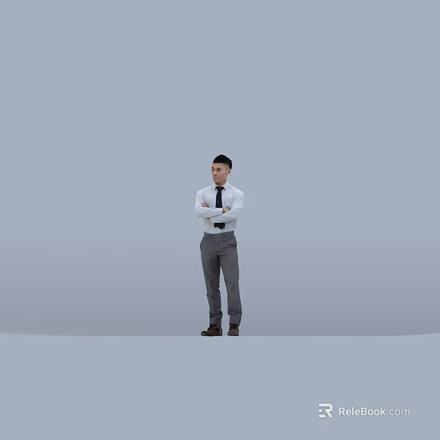 Businessman Wearing White Shirt Black Tie Gray Pants Standing With Arms Crossed Against Gray Background 3d model 