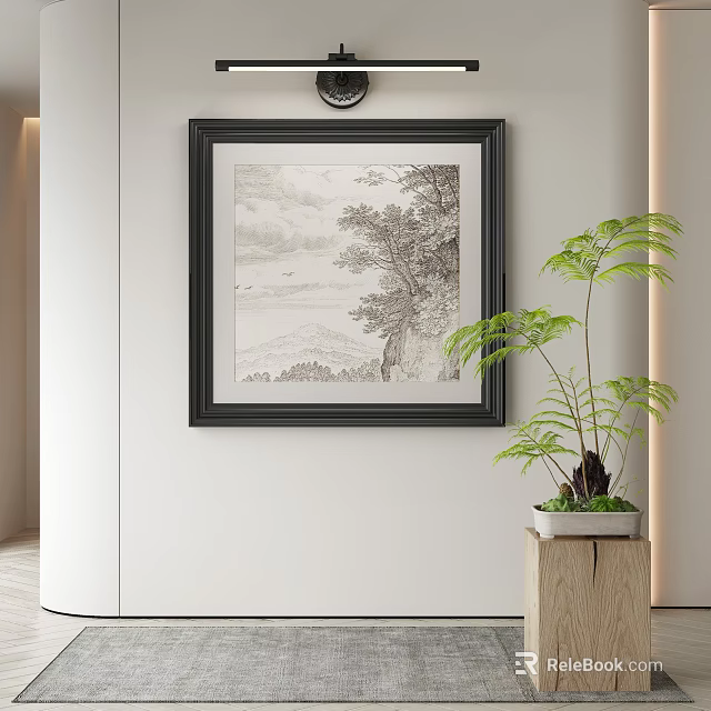 Stylish Console Table Setup With Framed Artwork On White Wall And Potted Plant 3d model
