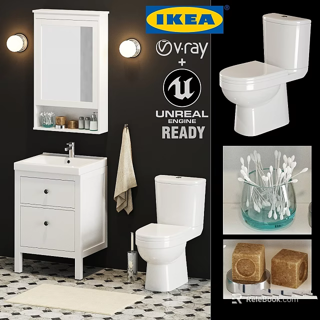 White Bathroom Vanity Cabinet With Mirror Toilet Towel And Accessories 3d model 