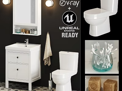 White Bathroom Vanity Cabinet With Mirror Toilet Towel And Accessories 3d model
