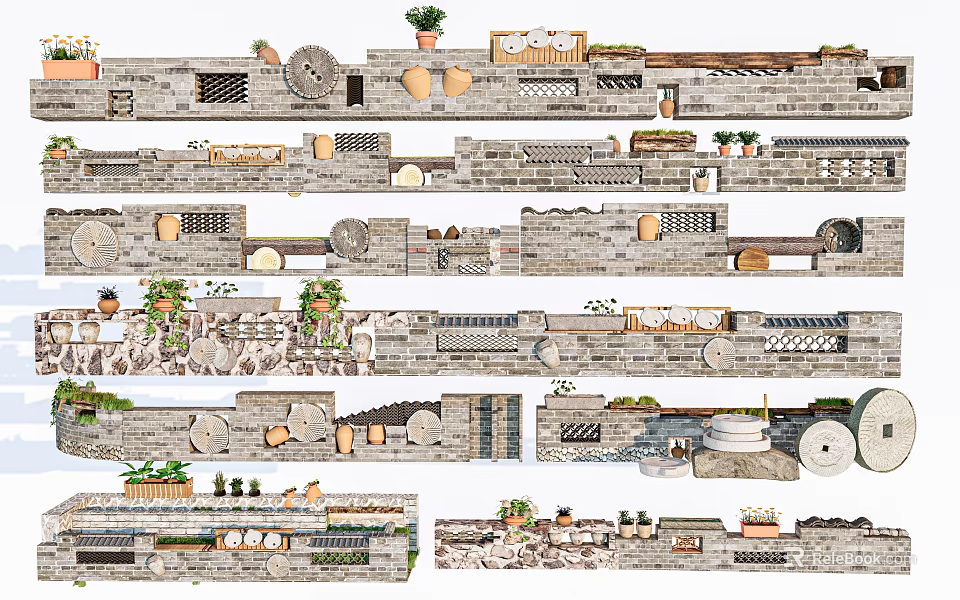 Modern Decorative Wall Designs With Plants Stone Panels And Circular Decor 3d model