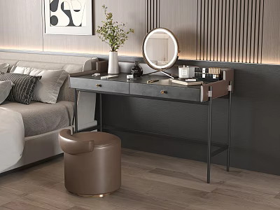 Modern Dressing Table with Round Mirror Leather Stool Cosmetics and Vase in Modern Bedroom 3d model