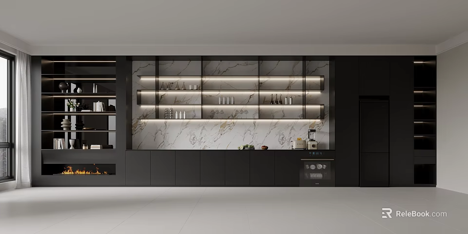 Modern Wine Cabinet With Marble Backsplash LED Lighting And Glass Display Shelves 3d model 
