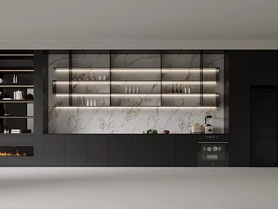 Modern Wine Cabinet With Marble Backsplash LED Lighting And Glass Display Shelves 3d model
