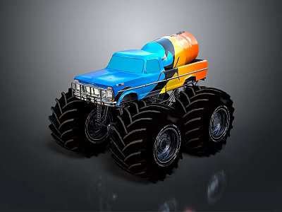Blue Monster Truck Design With Oversized Tires And Orange Tank 3d model