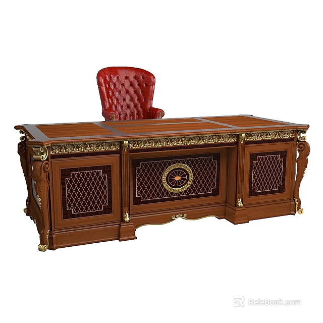 Classic Style Wooden Desk With Red Leather Chair And Ornate Gold Accents 3d model 