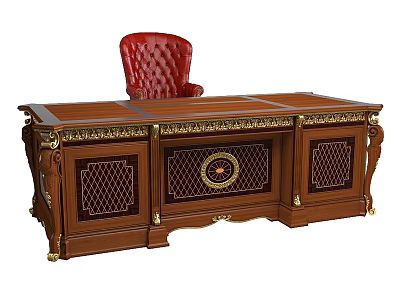 Classic Style Wooden Desk With Red Leather Chair And Ornate Gold Accents 3d model