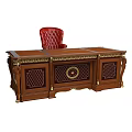 Classic Style Wooden Desk With Red Leather Chair And Ornate Gold Accents
