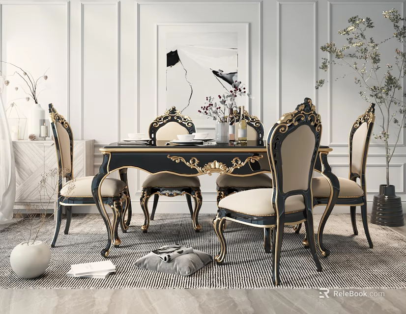 Luxury Classic Dining Table Set with Ornate Gold Accents and Beige Upholstered Chairs 3d model 