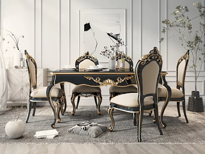 Luxury Classic Dining Table Set with Ornate Gold Accents and Beige Upholstered Chairs 3d model