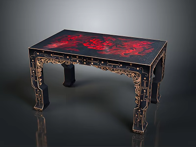 Traditional Chinese Dining Table With Carved Legs And Black Red Patterned Surface 3d model