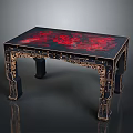 Traditional Chinese Dining Table With Carved Legs And Black Red Patterned Surface