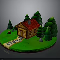 Charming Log Cabin With Red Roof Green Trees And Stone Path On Lush Lawn