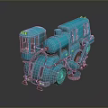 Blue Steam Locomotive Themed 3D Mechanical Model Computer Generated Digital Artwork