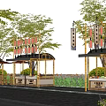 Garden Ornaments Scene With Wooden Pavilions Trees Green Plants And Hanging Decorations