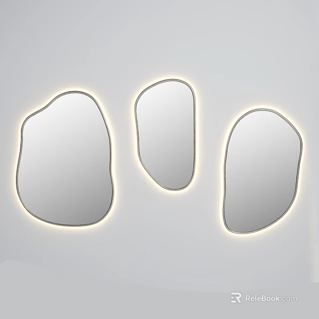 Three Irregular Shaped Wall Mirrors With LED Lighting Modern Design Mounted On White Wall 3d model 