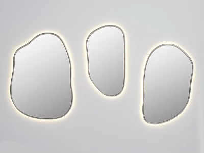 Three Irregular Shaped Wall Mirrors With LED Lighting Modern Design Mounted On White Wall 3d model