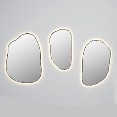 Three Irregular Shaped Wall Mirrors With LED Lighting Modern Design Mounted On White Wall 3d model