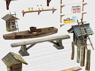 Wooden And Stone Craft Collection Featuring Boat Bench Shelves And Small Houses 3d model