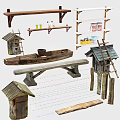 Wooden And Stone Craft Collection Featuring Boat Bench Shelves And Small Houses