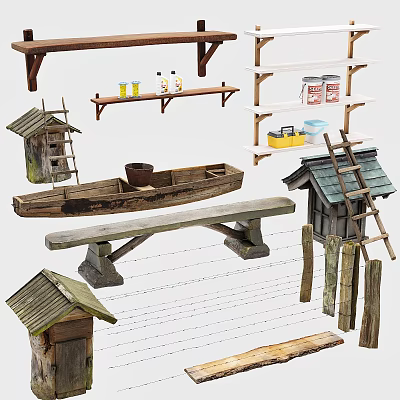 Wooden And Stone Craft Collection Featuring Boat Bench Shelves And Small Houses 3d model