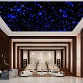 Modern Home Theater Interior With Starry Ceiling Wooden Walls Comfortable Sofas And Marble Decorations