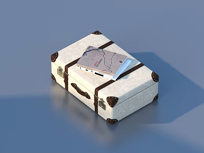 White Suitcase With Leather Trim And Map Patterned Book On Top 3d model