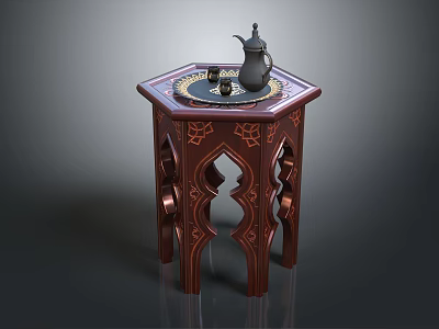 Traditional Wooden Coffee Table with Carved Patterns and Teapot on Top 3d model