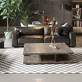 Industrial Modern Living Dining Room Interior With Red Brick Wall Black Ceiling And Geometric Rug