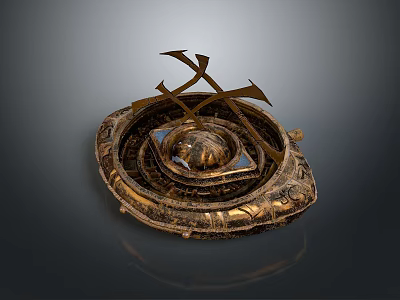 Intricate Golden Decorative Artifact With Carved Base Cross Metal And Sphere Design 3d model