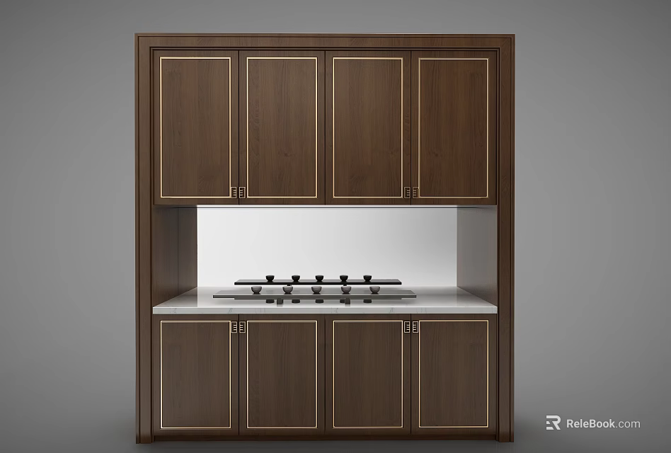Dark Brown Wooden Kitchen Cabinetry With Gas Stove And White Countertop 3d model 
