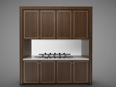 Dark Brown Wooden Kitchen Cabinetry With Gas Stove And White Countertop 3d model