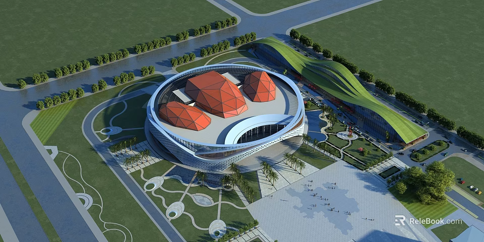 Modern Cultural Center Building Circular Structure With Orange Domes And Surrounding Greenery 3d model 
