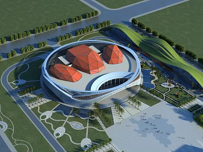 Modern Cultural Center Building Circular Structure With Orange Domes And Surrounding Greenery 3d model