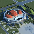 Modern Cultural Center Building Circular Structure With Orange Domes And Surrounding Greenery