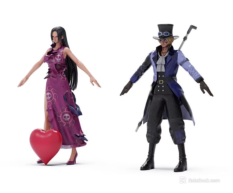 Game Movie Characters in Purple Dress Blue Coat Red Heart Top Hat and Cane 3d model 