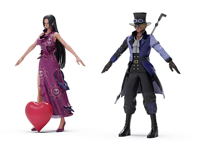 Game Movie Characters in Purple Dress Blue Coat Red Heart Top Hat and Cane 3d model