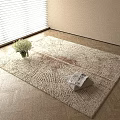 Square Rug With Radiant Textured Design On Wooden Floor With Vase Magazines And Cloth