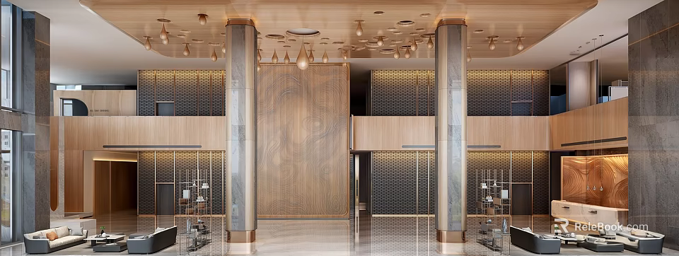 Modern Luxurious Hotel Lobby Interior Design With Marble Columns And Chandeliers 3d model 