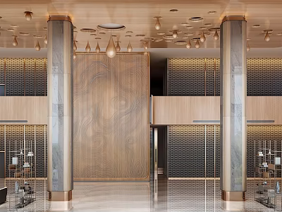 Modern Luxurious Hotel Lobby Interior Design With Marble Columns And Chandeliers 3d model