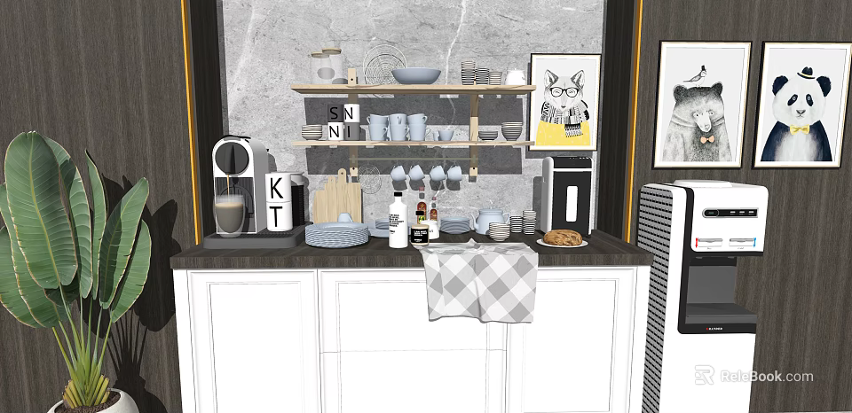 Dinnerware Set in Modern Kitchen Counter with Shelves Coffee Machine Bread and Condiment Bottles 3d model