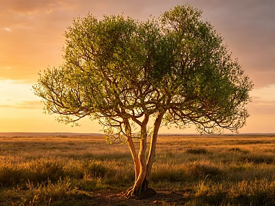 Lone Tree with Lush Green Leaves in Sunset Grassland Under Cloudy Sky 3d model