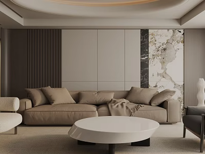 Modern Living Room Interior With Beige Sofa Round White Coffee Table And Marble Accent Wall 3d model