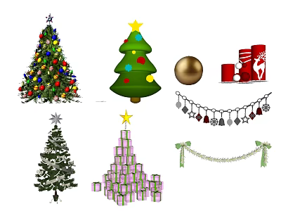 Festive Christmas Ornament Decorative Set With Trees Balls Socks Gifts And Ribbons 3d model