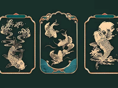 Traditional Chinese Wall Decor Featuring Koi Fish Wave Patterns With Gold Frames Green Accents 3d model