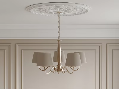 Elegant Golden Chandelier With Multiple Lampshades And Ceiling Medallion On Beige Walls 3d model
